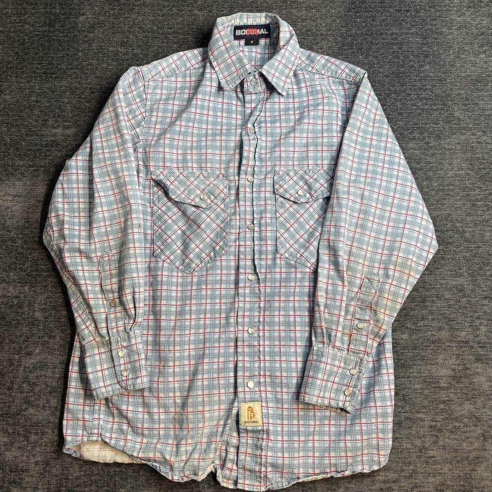BOCOMAL Men's Small FR Flame Resistant Plaid Snap Button Work Shirt Blue Red